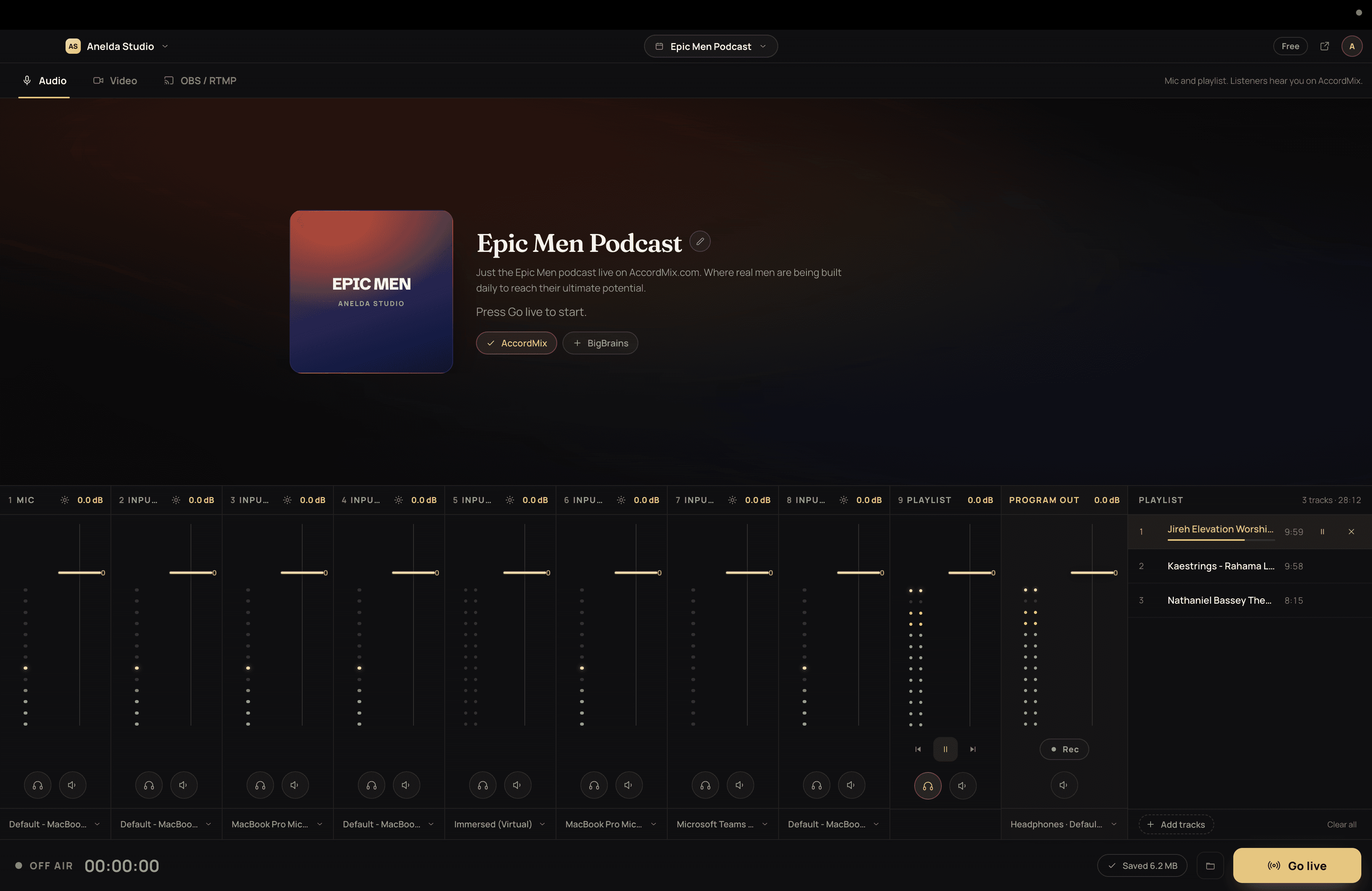 AccordMix Desktop mixer with eight named inputs, faders at different levels, one input cued and one muted, and the program output meter.