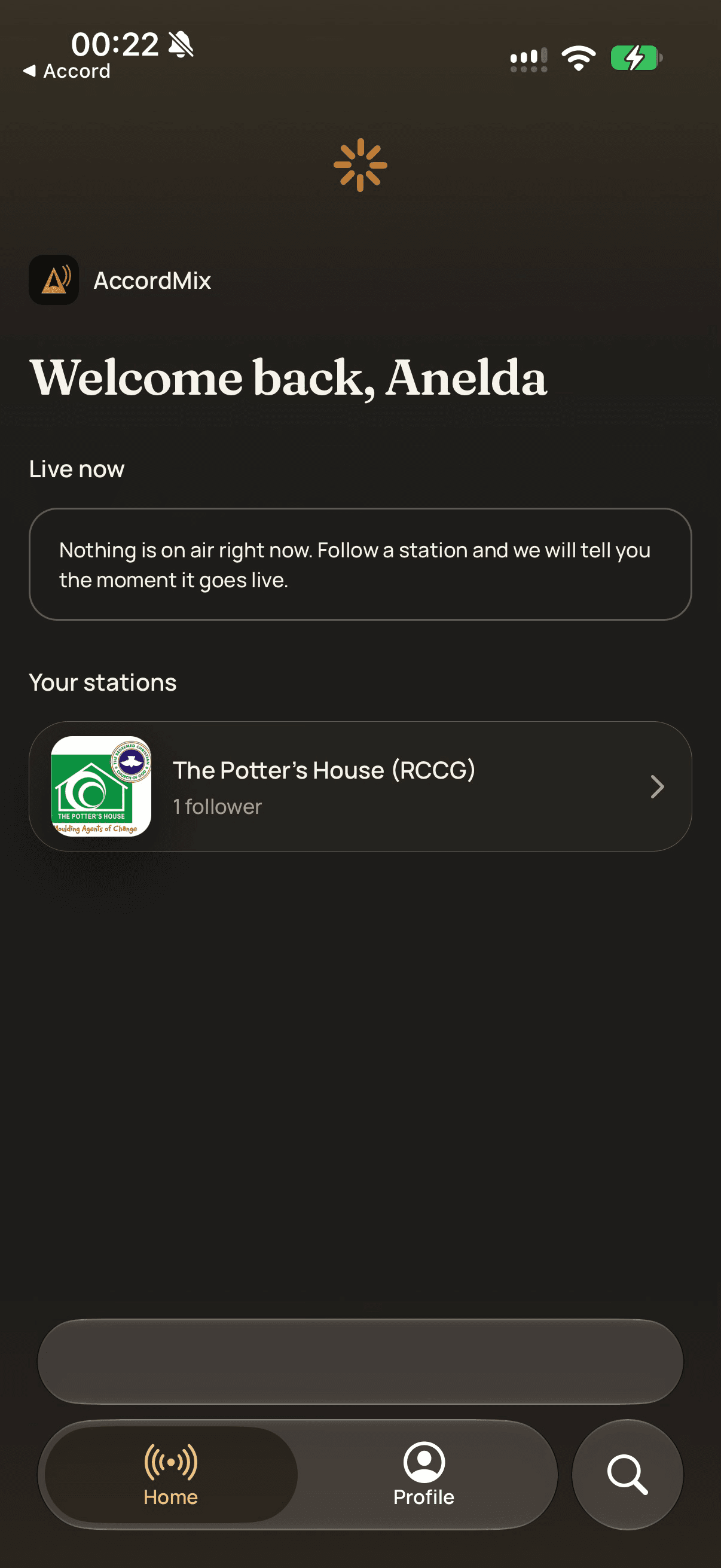 The AccordMix listener app home screen with Live now, Starting soon and Your stations rails.