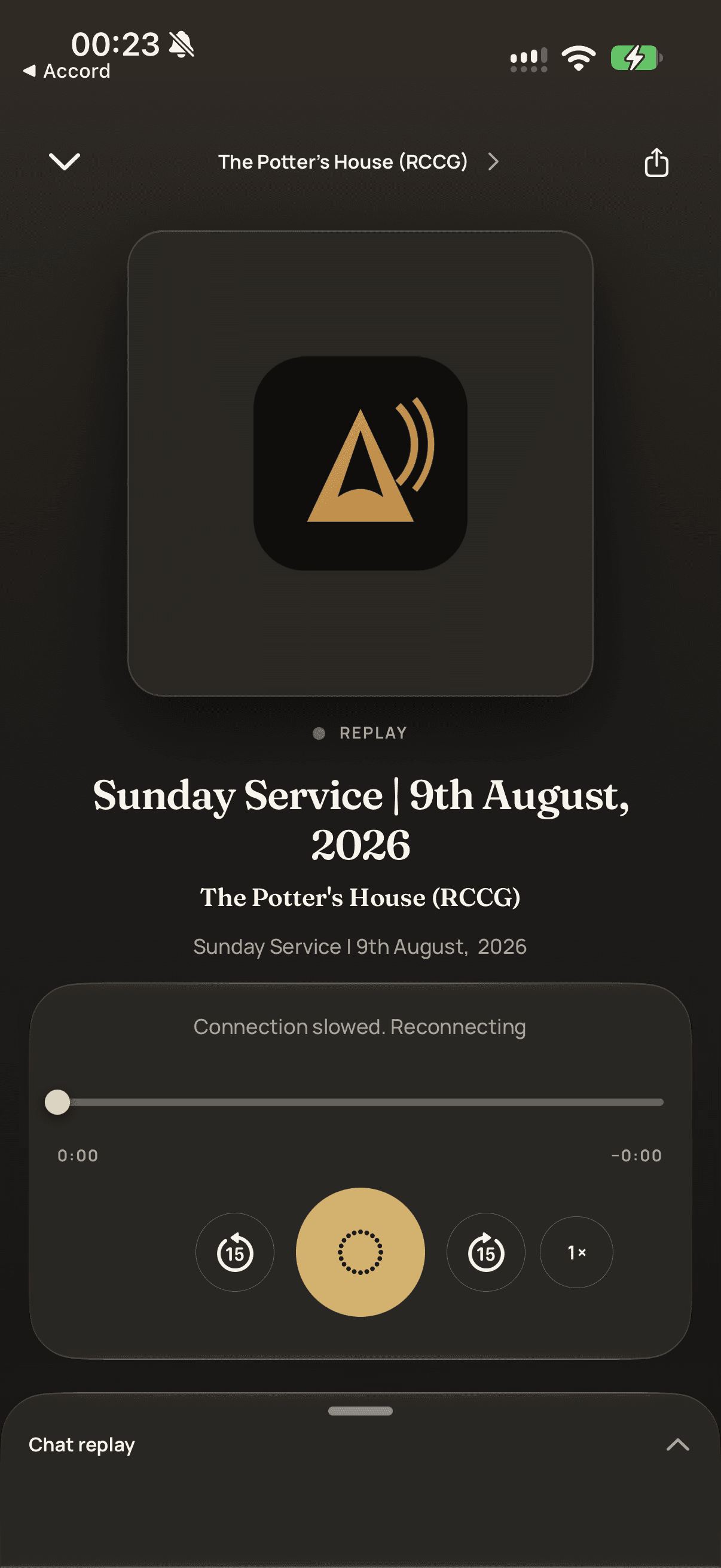 A live broadcast in the AccordMix listener app: square artwork with a gold on-air ring, the play control and the live audience count.